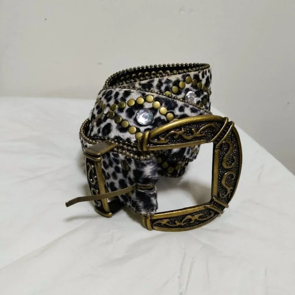 NWOT Calf Hair Embellished Rhinestone Studded Punk Y2K Rocker Waist Belt S / M - Picture 5 of 9